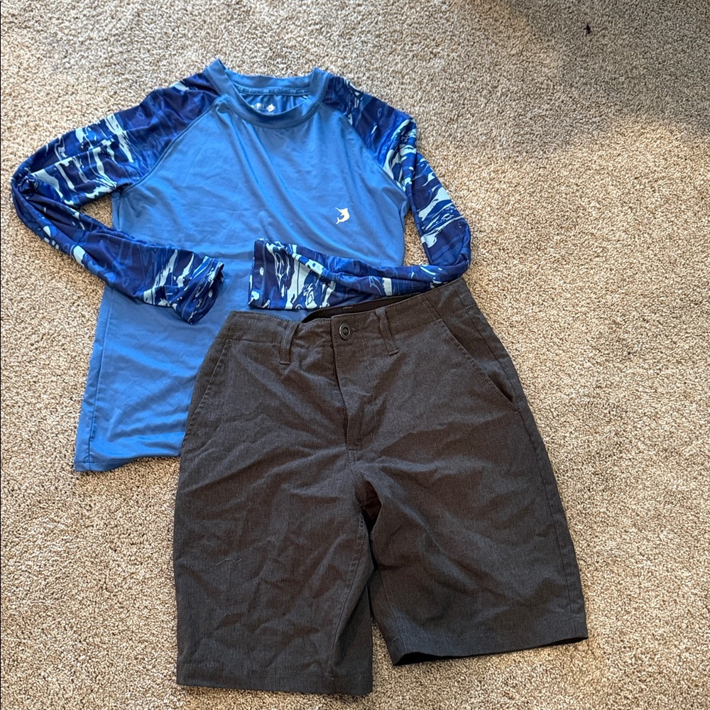 Volcom surf and turf shorts and reel legends performance rash guard
